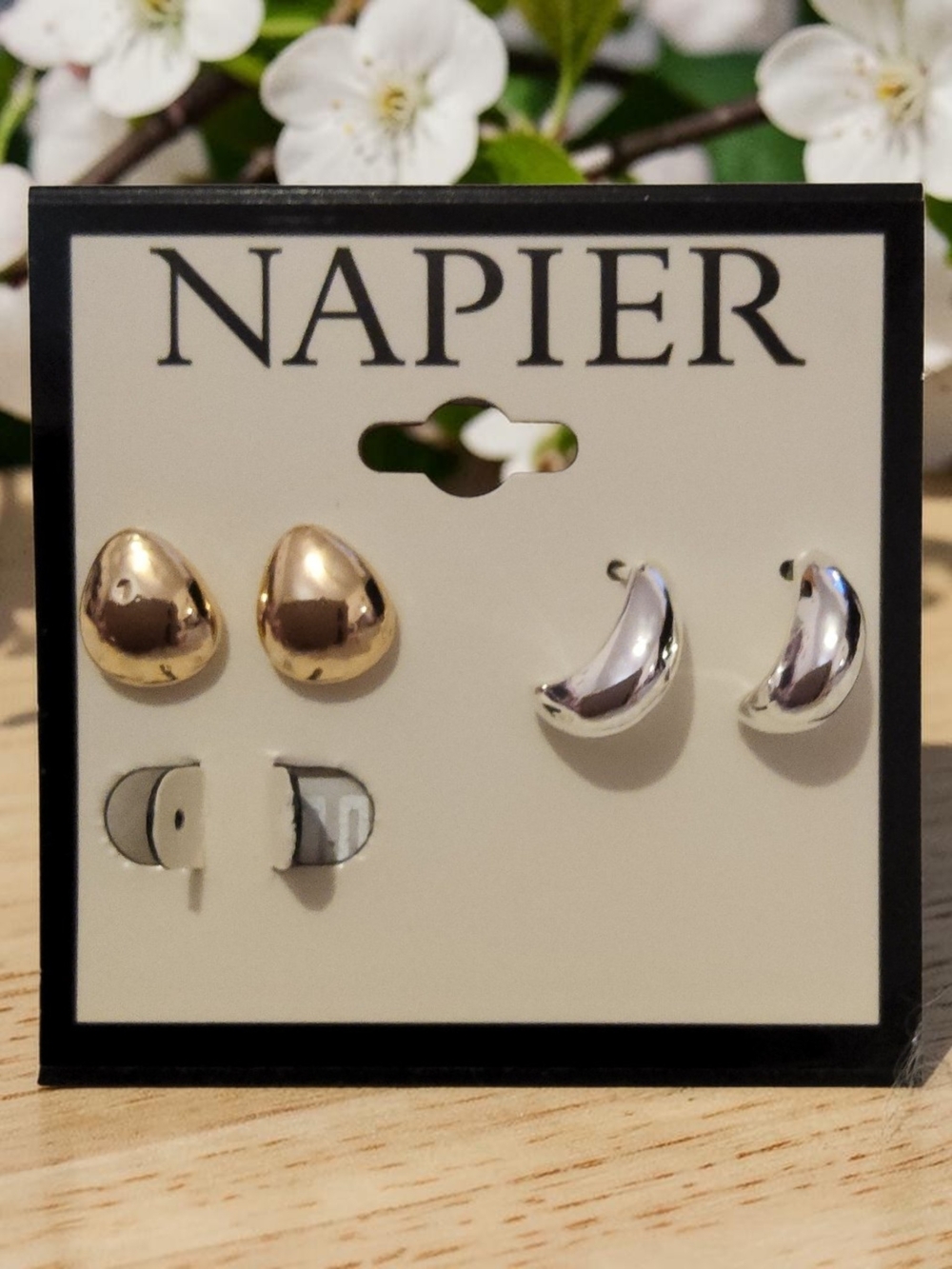 Napier Gold Teardrop and Silver Curved Stud Earring Set